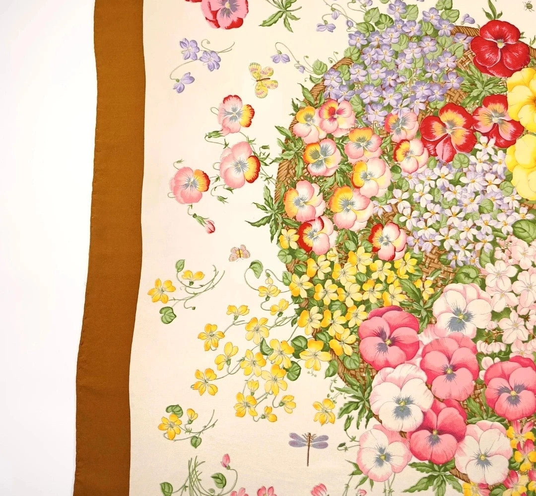 Foulard Gucci Vintage Motivo "Flora" con Bordo Marrone