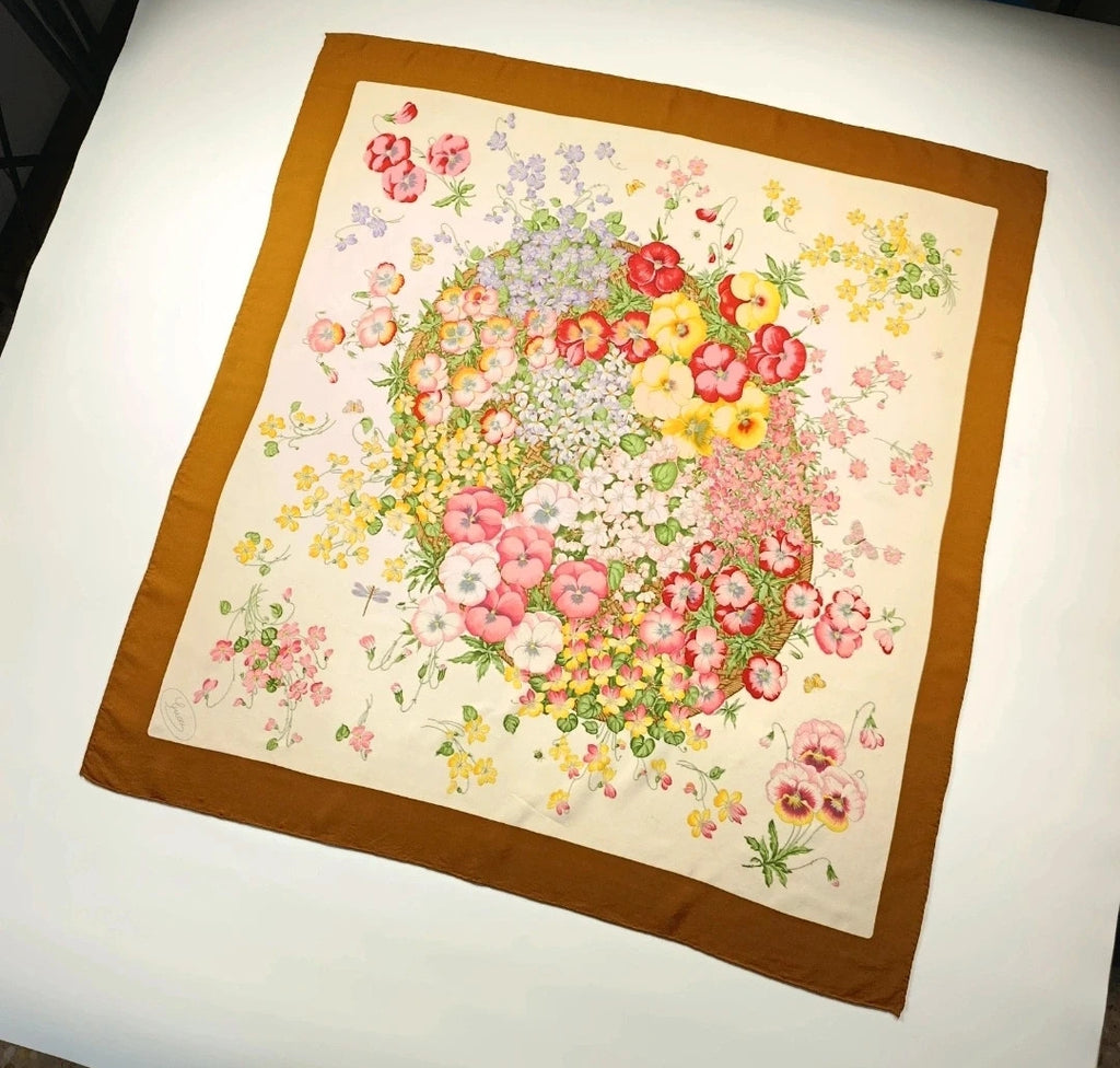 Foulard Gucci Vintage Motivo "Flora" con Bordo Marrone