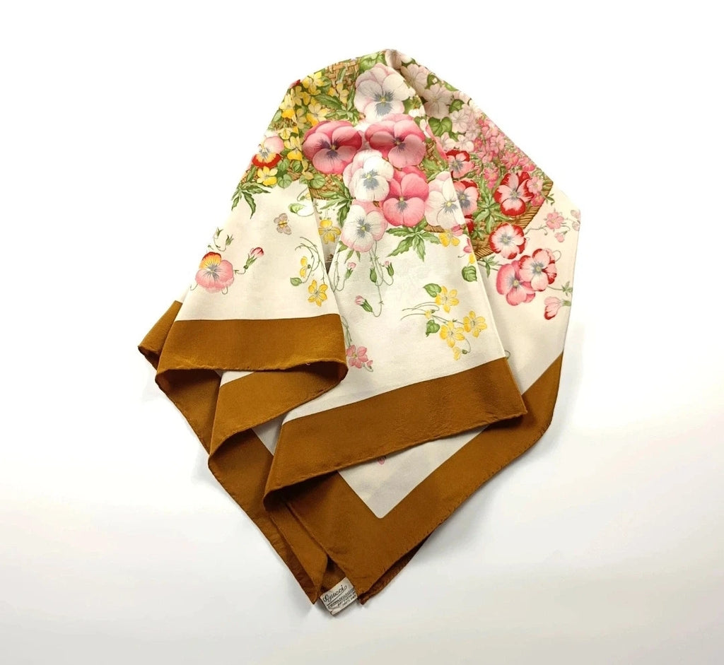 Foulard Gucci Vintage Motivo "Flora" con Bordo Marrone